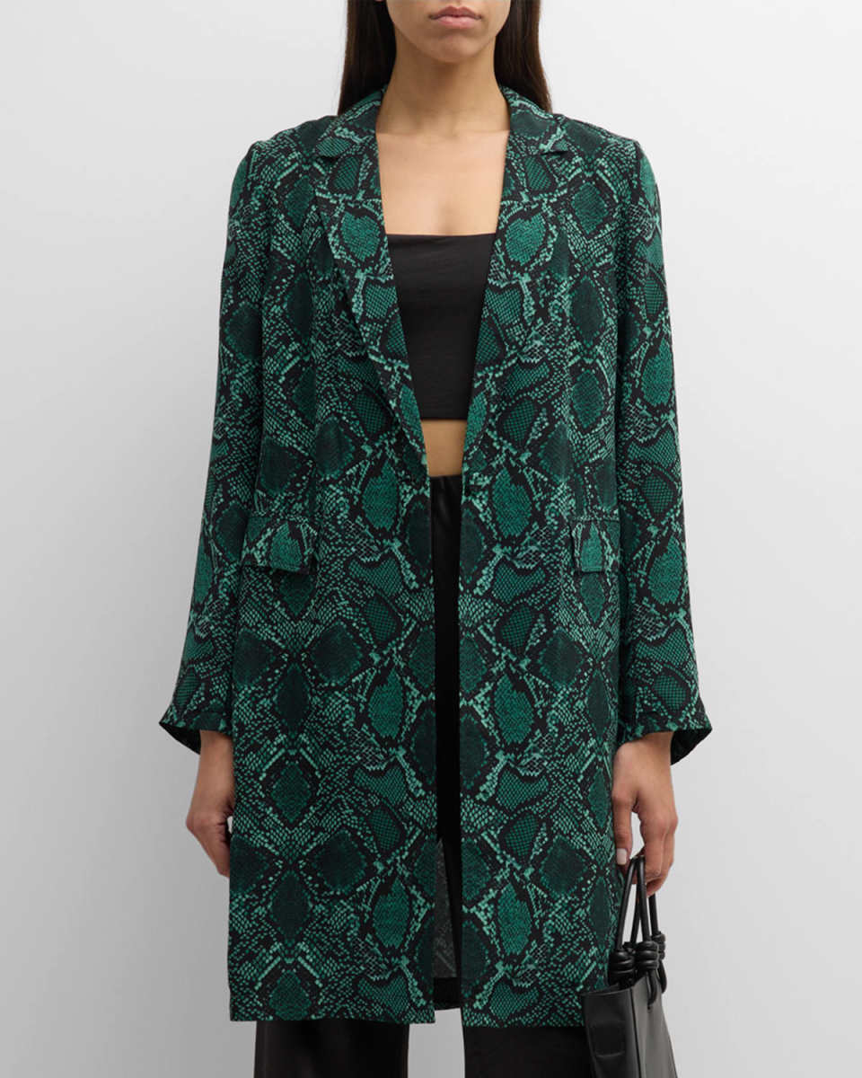 Leah Snakeskin-Print Side-Slit Coat